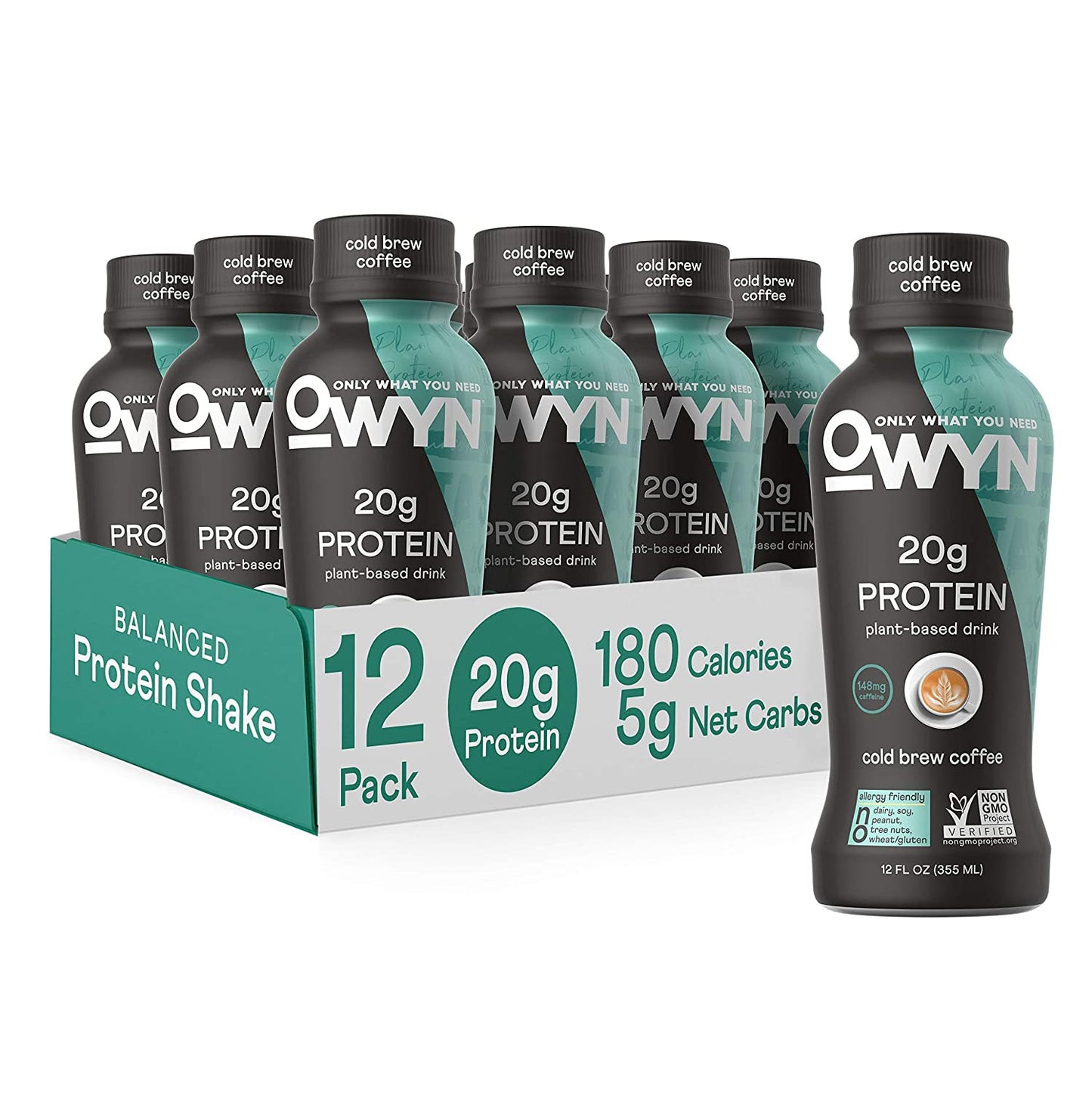 100% Vegan Plant-Based Protein Shake, Cold Brew Coffee, 12 Pack, with 20G Plant Protein, Omega-3, Prebiotic Supplements, Superfoods Greens Blend, Gluten-Free, Soy-Free, Non-Gmo