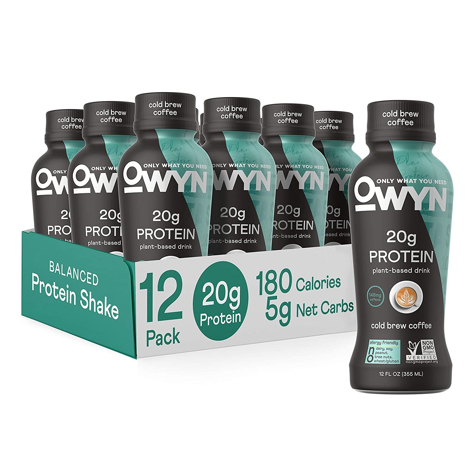 100% Vegan Plant-Based Protein Shake, Cold Brew Coffee, 12 Pack, with 20G Plant Protein, Omega-3, Prebiotic Supplements, Superfoods Greens Blend, Gluten-Free, Soy-Free, Non-Gmo