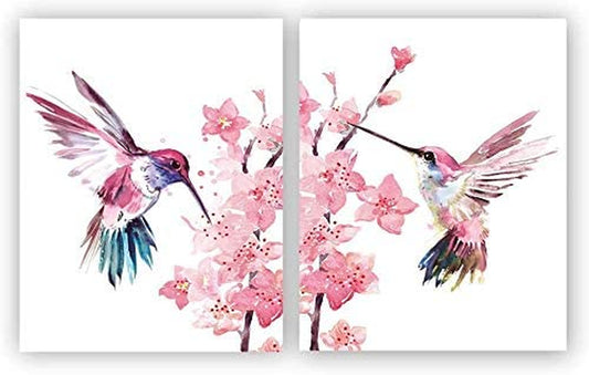 Abstract Birds Art Print,Watercolor Hummingbirds and Flower Decor Canvas Painting,Set of 2 (16"X24"),Cherry Blossom Wall Art Poster for Living Room Bedroom Office Decoration,Unframed.