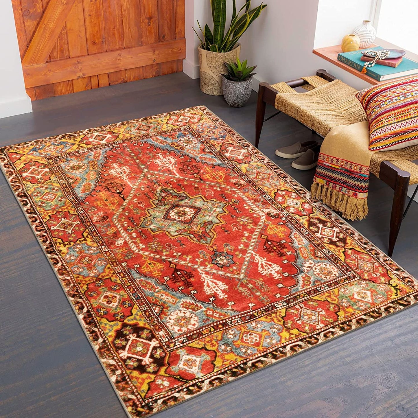 Oriental Floral Area Rug 3X5 Persian Distressed Living Room Throw Rug Boho Trible Indoor Washable Accent Rug Faux Wool Non-Slip Collection Floor Carpets for Sofa Dining Room Bedroom-Orange