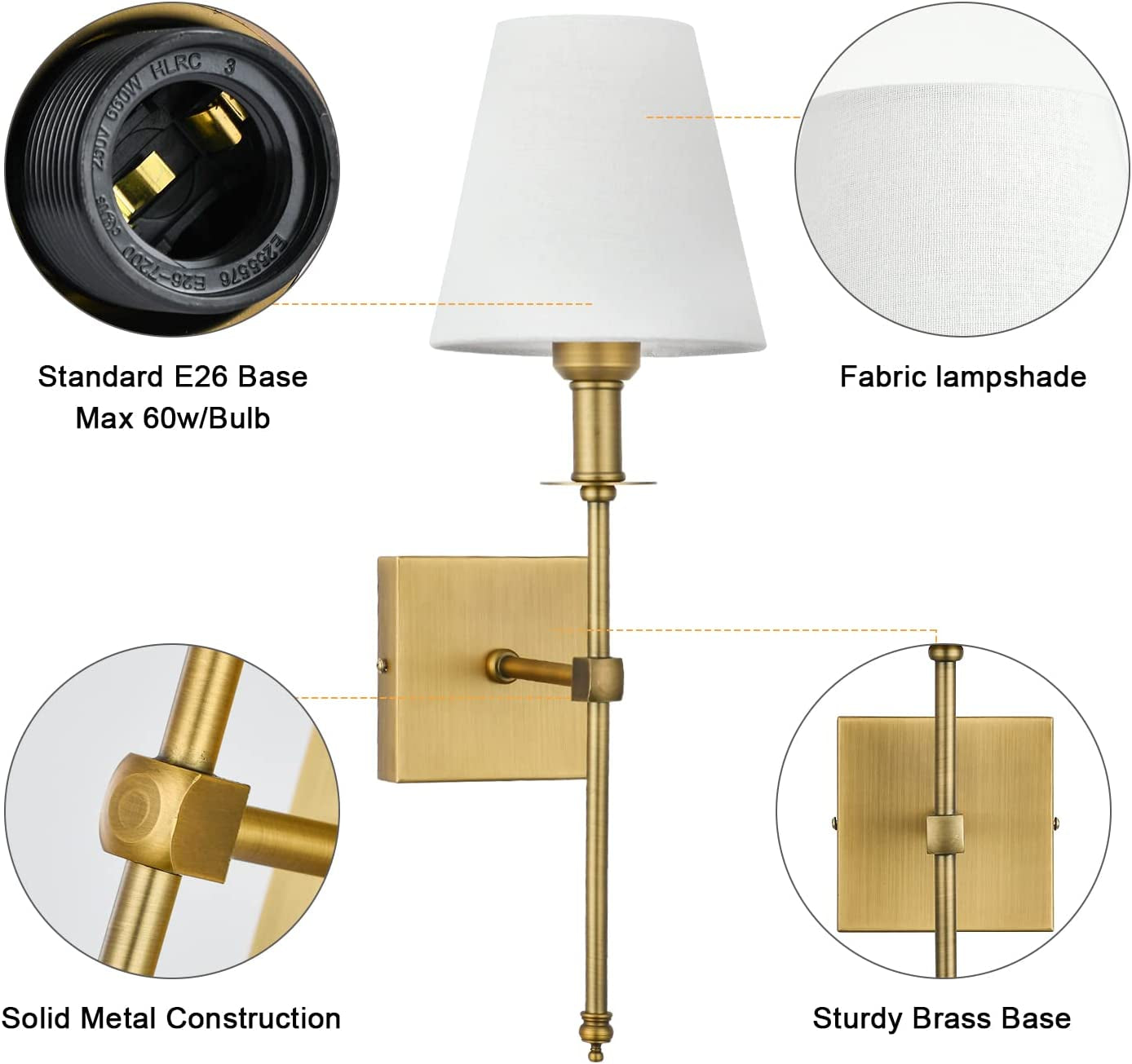 Wall Sconces Sets of 2, Brushed Brass Sconces Wall Lighting with Fabric Shade, Column Stand Bathroom Vanity Light Fixture for Hallway, Entryway, Passway Kitchen, Gold