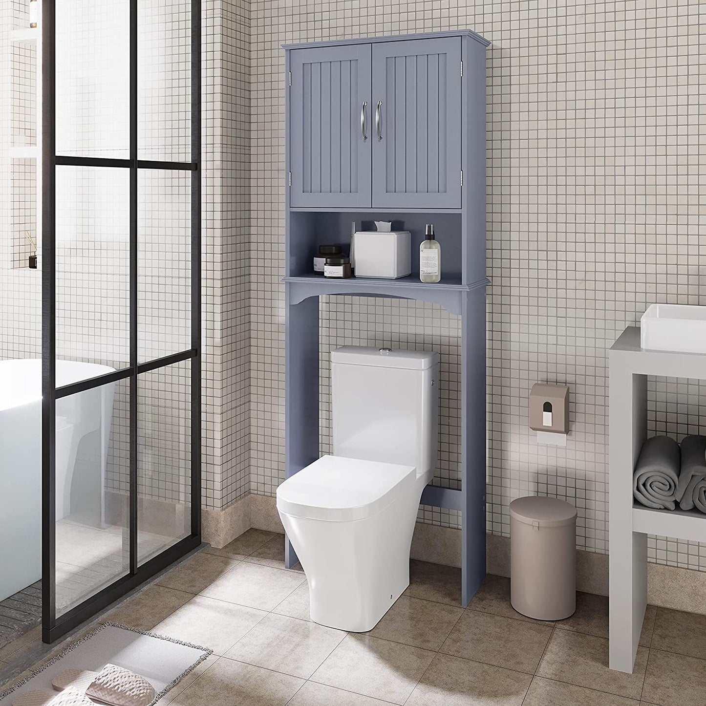 over the Toilet Bathroom Cabinet with 2 Doors & Adjustable Shelf, Free Standing Toilet Rack Space-Saving, L24.5Xw9Xh66 Inches, Grey