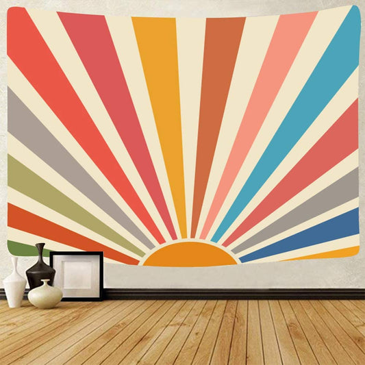 Vintage Sun Tapestry Bohemia Wall Hanging Retro 70S Rainbow Sunrise Sunset Minimal Geometric Grunge Abstract Art Print Hippie Bohemian Decor for Dorm Living Room Nursery Bedroom (51 X 59Inch)