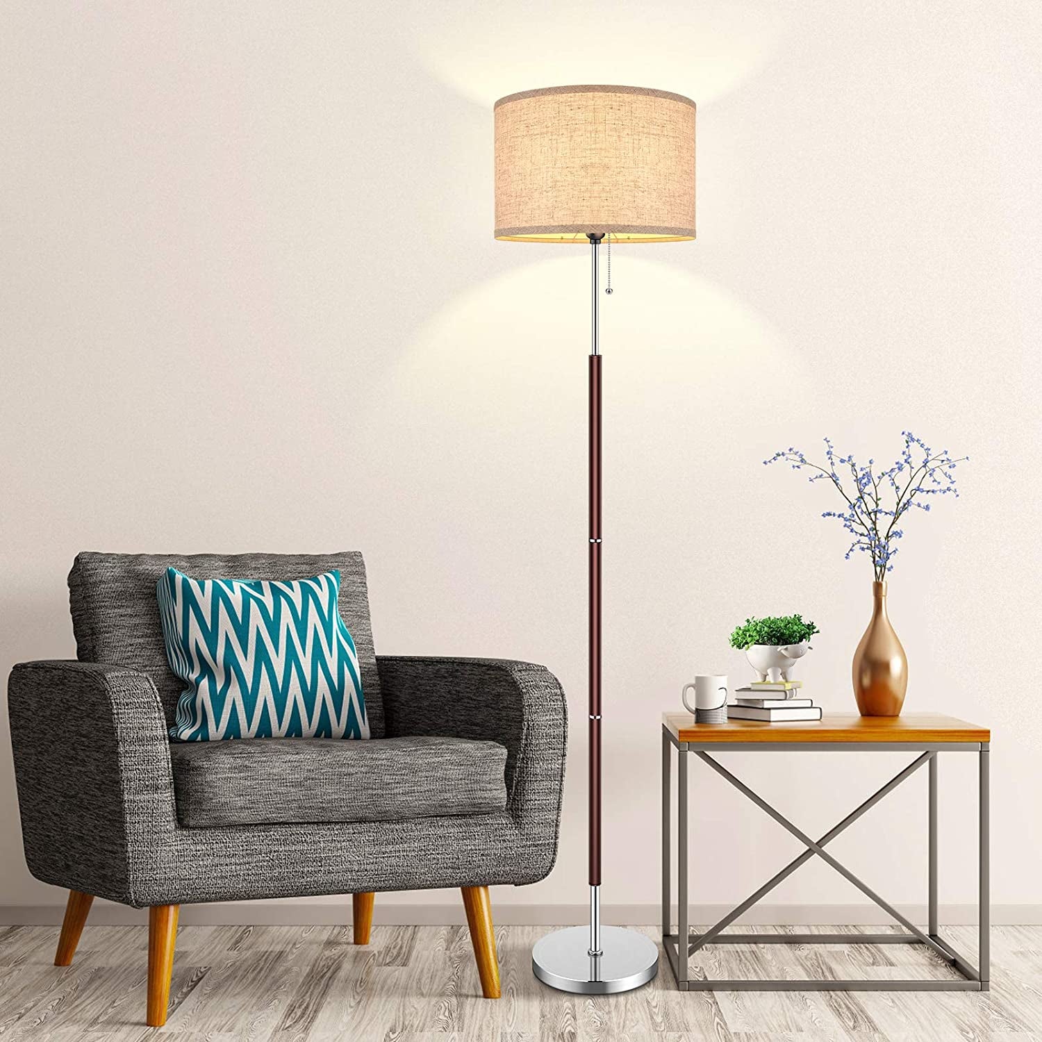 Modern Floor Lamp for Bedroom - Stand up Reading Lamps for Living Room, Contemporary Office Lighting with Beige Drum Fabric Shade, Farmhouse Pole Lamp, Corner Tall Standing Lamp Kids-Pull Chain