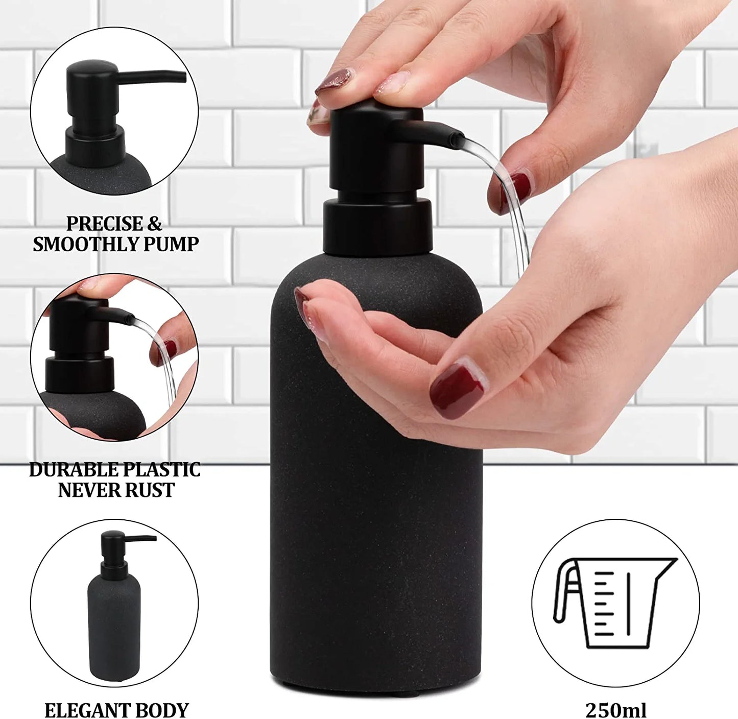 Bathroom Accessory Set-4 Pcs Complete Resin Bathroom Counter Vanity Accessories Sets Vanity Tray Lotion Dispenser/Soap Pump Toothbrush Holder Soap Dish-Matte Black Sandstone Modern Decor