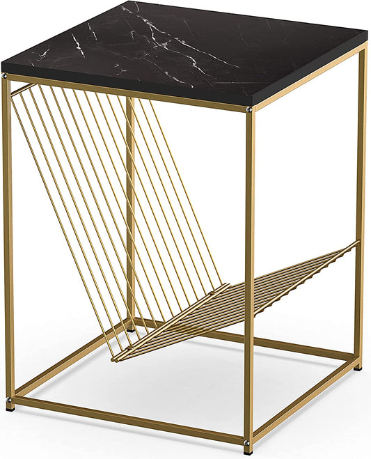 Modern Side End Tables with Faux Marble Top, Small Accent Coffee Table for Living Room Bedroom Balcony Family Nightstand (Black)