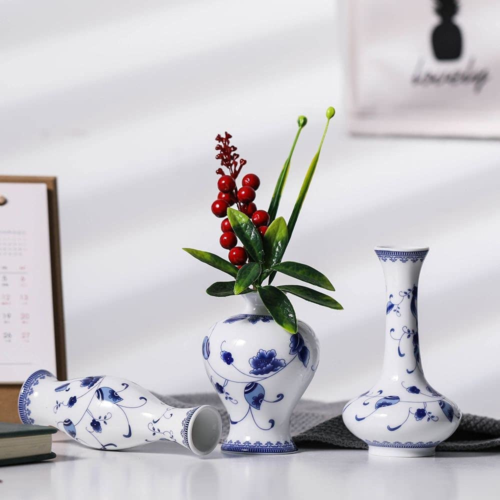 Blue and White Small Bud Vase Set, 3 Petite Classic Oriental Bottle Vases for Window Sill, Mini Art Fambe Glaze Floral Porcelain Vase Idea Shelf Décor and Coffee Table Décor