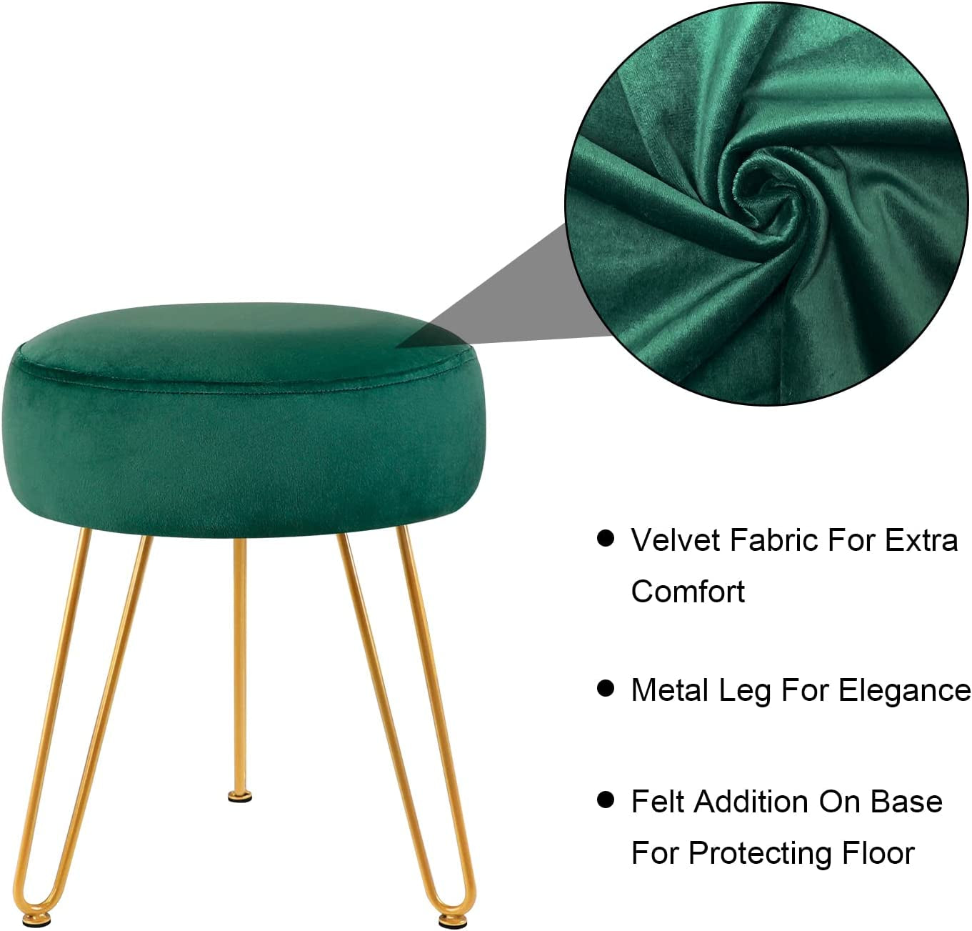 round Velvet Footrest Stool Ottoman Modern Foot Stool with 3 Golden Metal Leg, for Dressing Table Stool, Shoes Bench in Living Room Bedroom