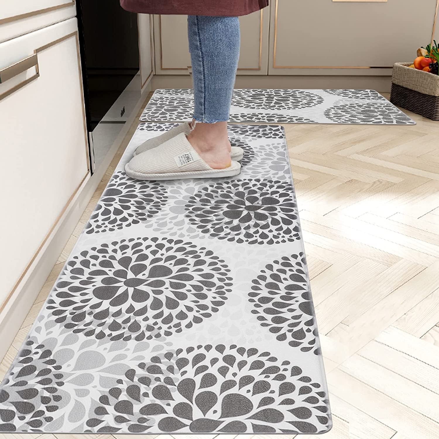 Kitchen Rugs Set anti Fatigue Kitchen Floor Mat Easy to Clean 2Piece Non Slip Comfort PVC Leather Heavy Duty Standing Mats Indoor Outdoor (Grey Drop)