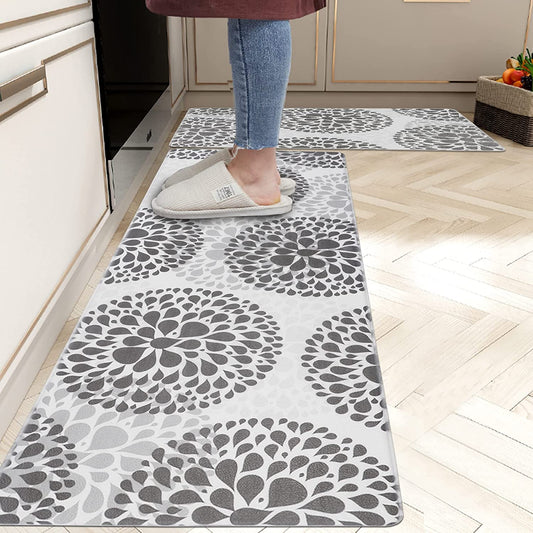 Kitchen Rugs Set anti Fatigue Kitchen Floor Mat Easy to Clean 2Piece Non Slip Comfort PVC Leather Heavy Duty Standing Mats Indoor Outdoor (Grey Drop)