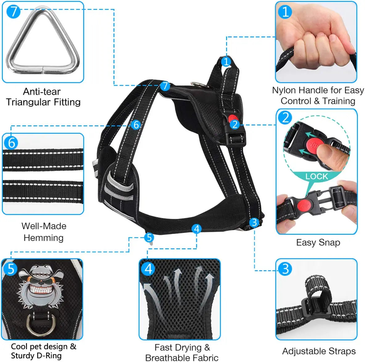 Dog Harness No-Pull Dog Vest Set Reflective Adjustable Oxford Material Pet Harness for Medium Large Dogs with Leash and Collar (Large(Chest:25-35"), Black)