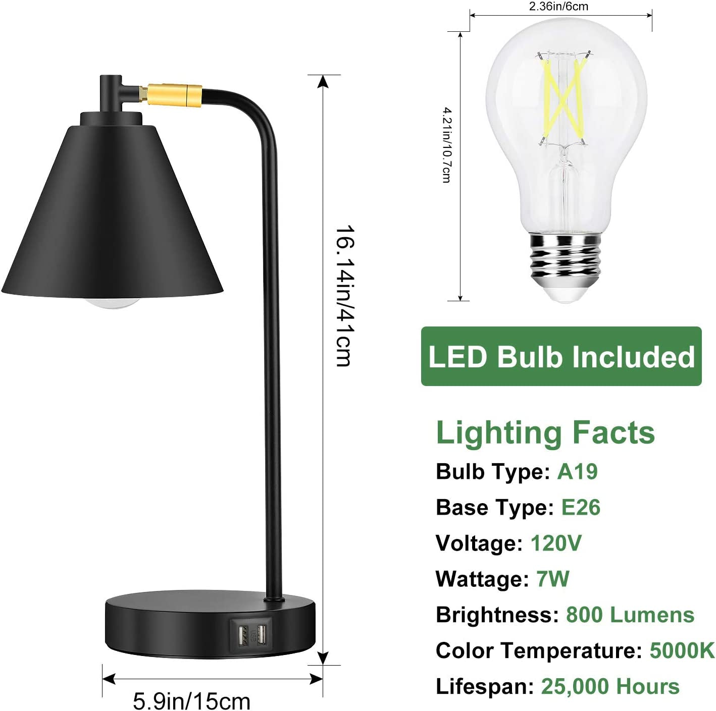 Industrial 3 Way Dimmable Touch Control Desk Lamp with 2 USB Ports & AC Outlet Bedside Nightstand Reading Lamp Flexible Head Farmhouse Black Table Lamp for Office Bedroom Living Room Bulb Included