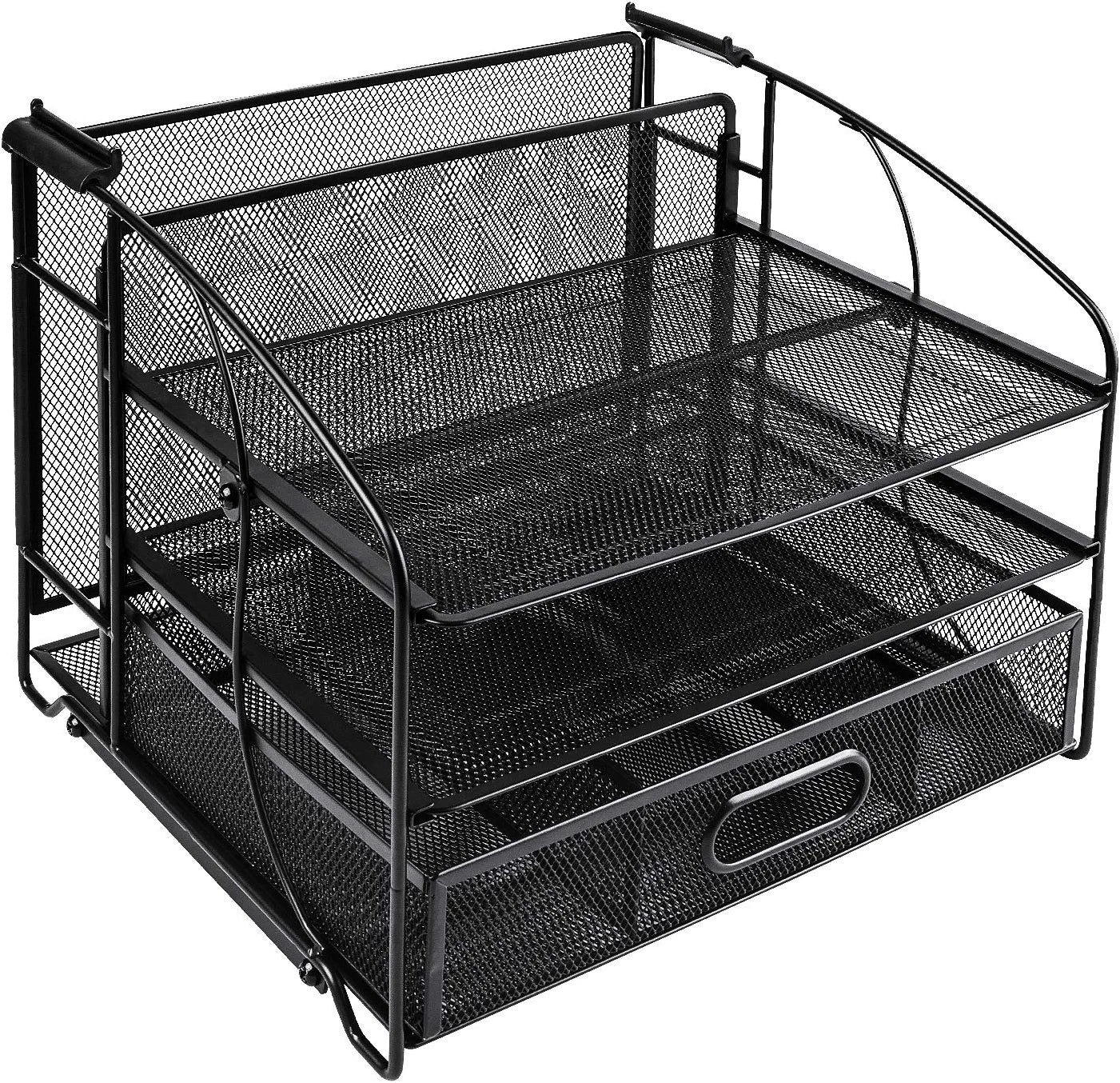 Desk Organizer 3 Tray W/Sliding Drawer and Hanging File Holder, Black