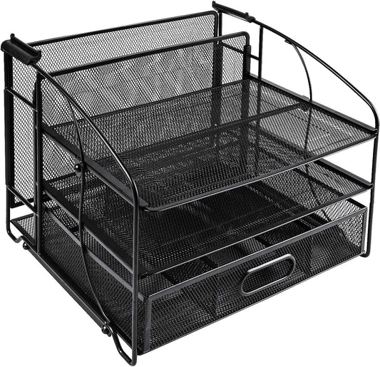 Desk Organizer 3 Tray W/Sliding Drawer and Hanging File Holder, Black