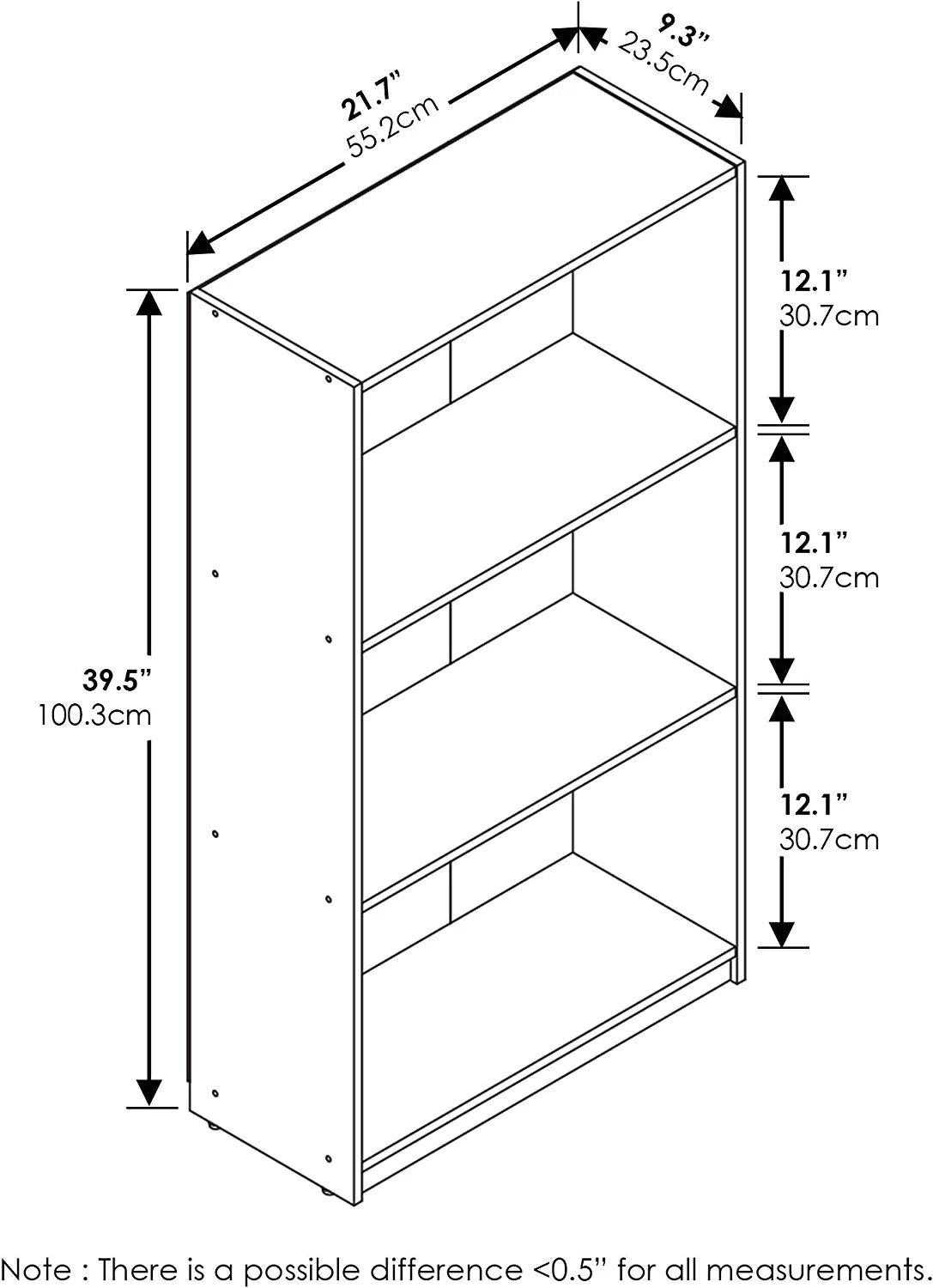 Basic 3-Tier Bookcase Storage Shelves, French Oak Grey
