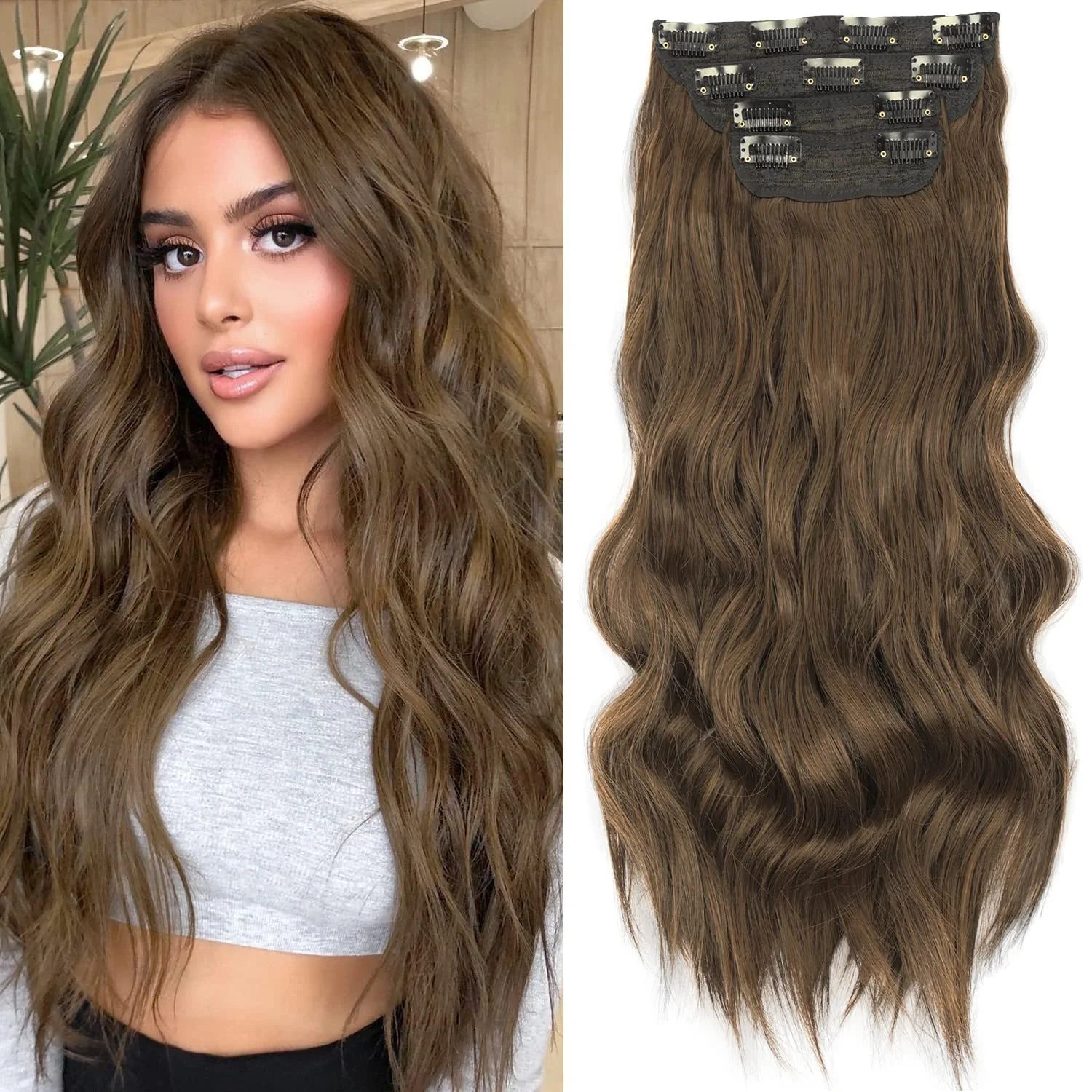 4PCS Clip in Long Soft Glam Waves Thick Hairpieces 20 Inches Chocolate Brown Hair Extensions Synthetic Fiber Double Weft Hair for Women Full Head