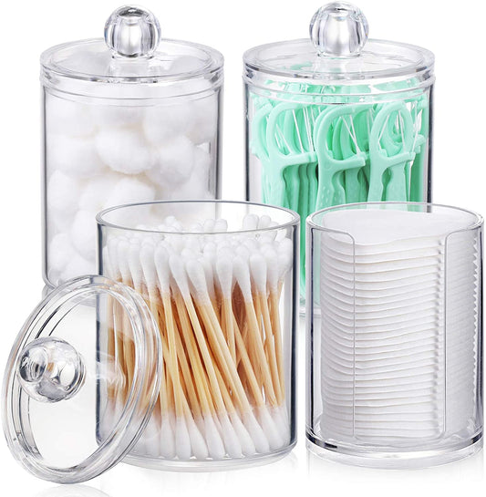 4 Pcs, 10 OZ Qtip Holder Dispenser for Cotton Ball, Cotton Swab, Cotton round Pads, Floss - Clear Plastic Apothecary Jar Set for Bathroom Canister Storage Organization, Vanity Makeup Organizer