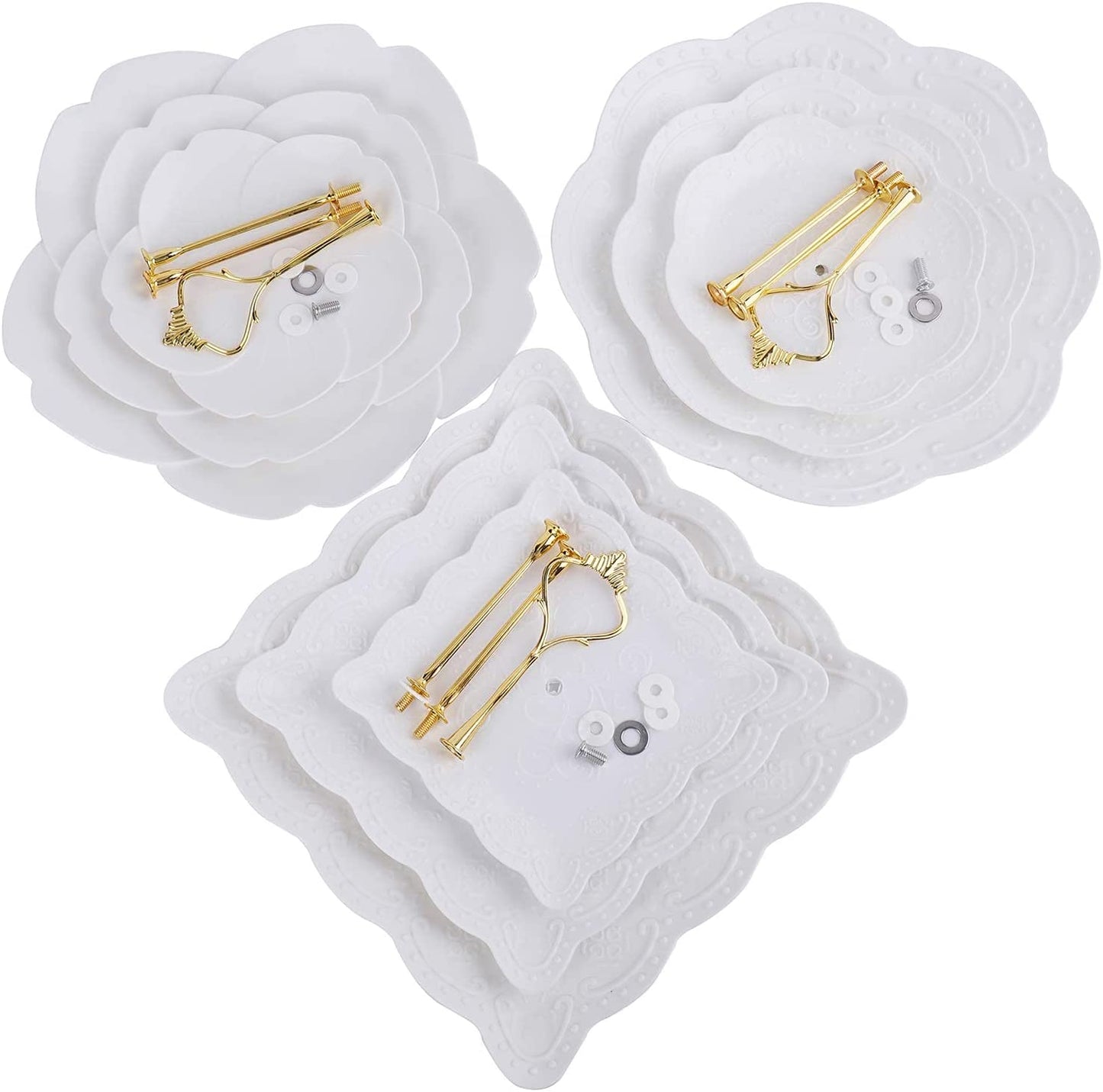 3 Pack 3 Tiers White Plastic Cupcake Stand Dessert Stand Tiered Serving Trays with Gold Rod - Round, Square, Flower