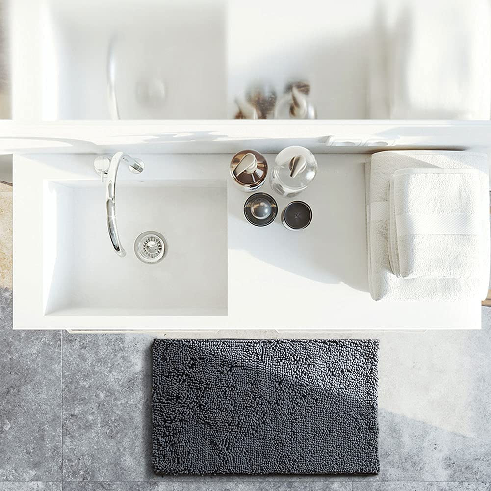 Bathroom Rug, Non-Slip Bath Mat 32"X20", Soft Cozy Shaggy Durable Thick Bath Rugs for Bathroom,Easier to Dry, Chenille Rugs for Bathtubs, Rain Showers and under the Sink (Dark Grey)