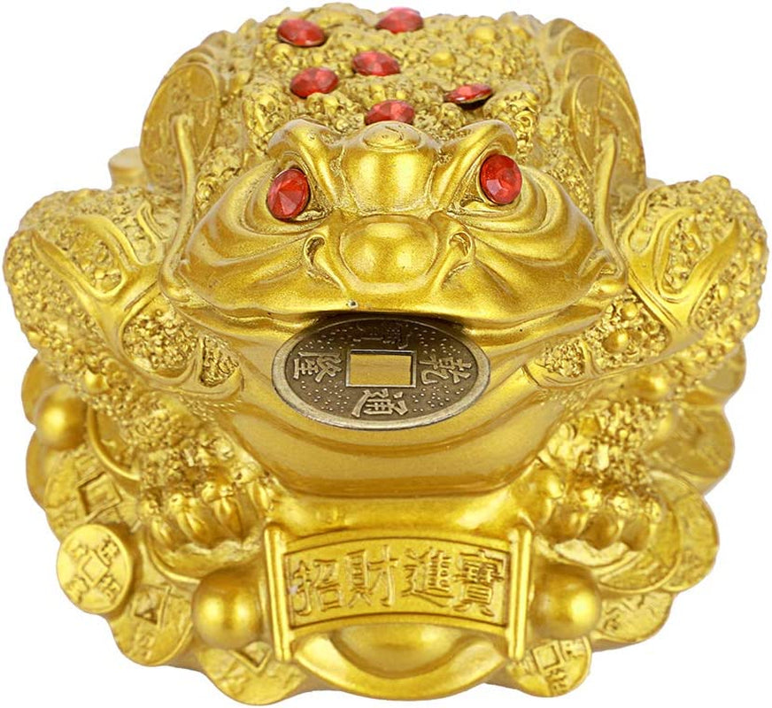 Large Money Toad Statue, Feng Shui Three Legged Toad with Coin, Lucky Charm Wealth Frog for Cash Register, Office Desk , House Warming, Store Opening Gift (Gold)