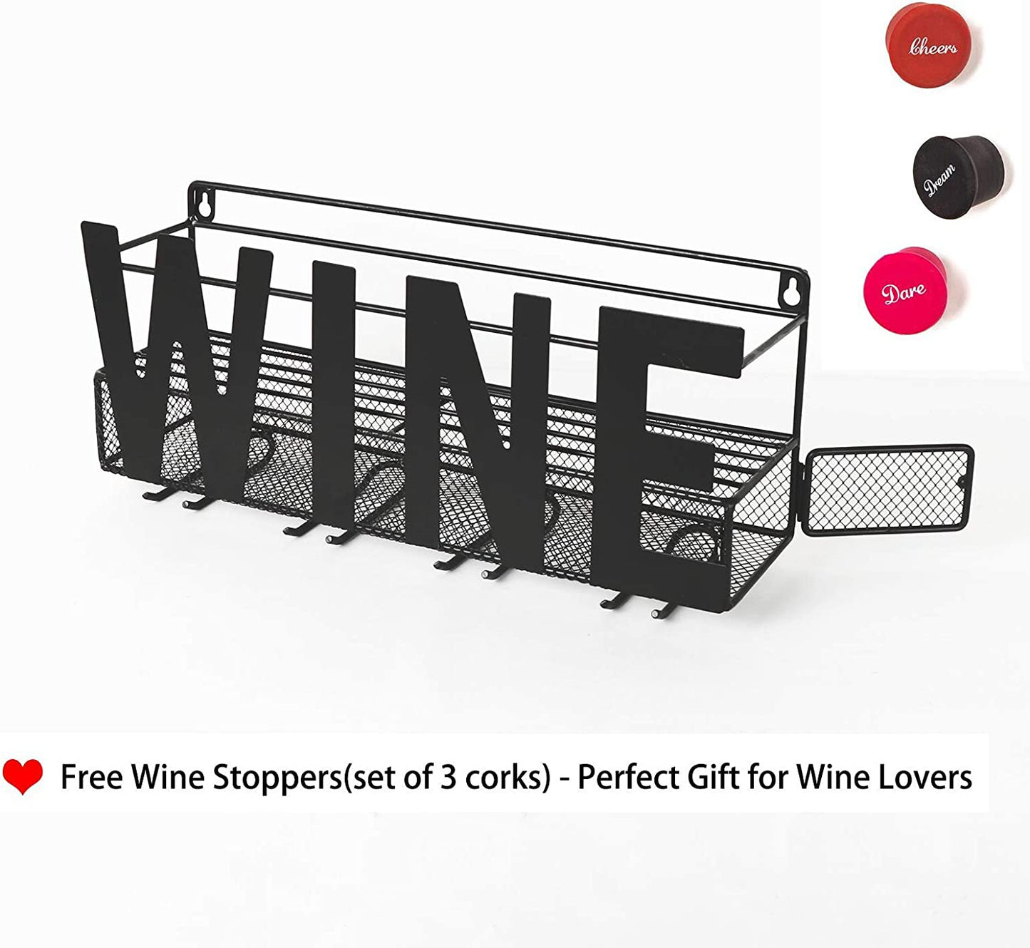 SODUKU Wall Mounted Metal Wine Rack 4 Long Stem Glass Holder & Wine Cork Storage Wine