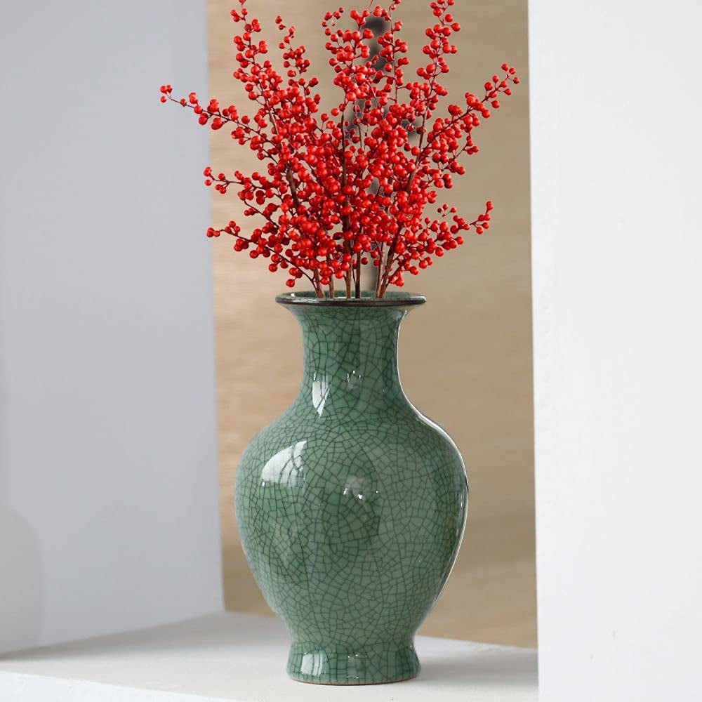 Chinese Ceramic Art Handmade Antique Ice Crack Glaze Vases Big China Porcelain Flower Bottle Vase for Home Decoration(Green)