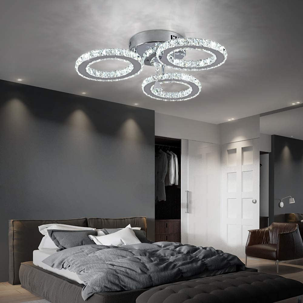 Deckrico Modern Crystal Chandelier Flush Mount Stainless Steel Pendant Ceiling Lamp 3-Rings round LED Light Fixtures for Living Room Bedroom Restaurant Porch Dining Room (Cool White)