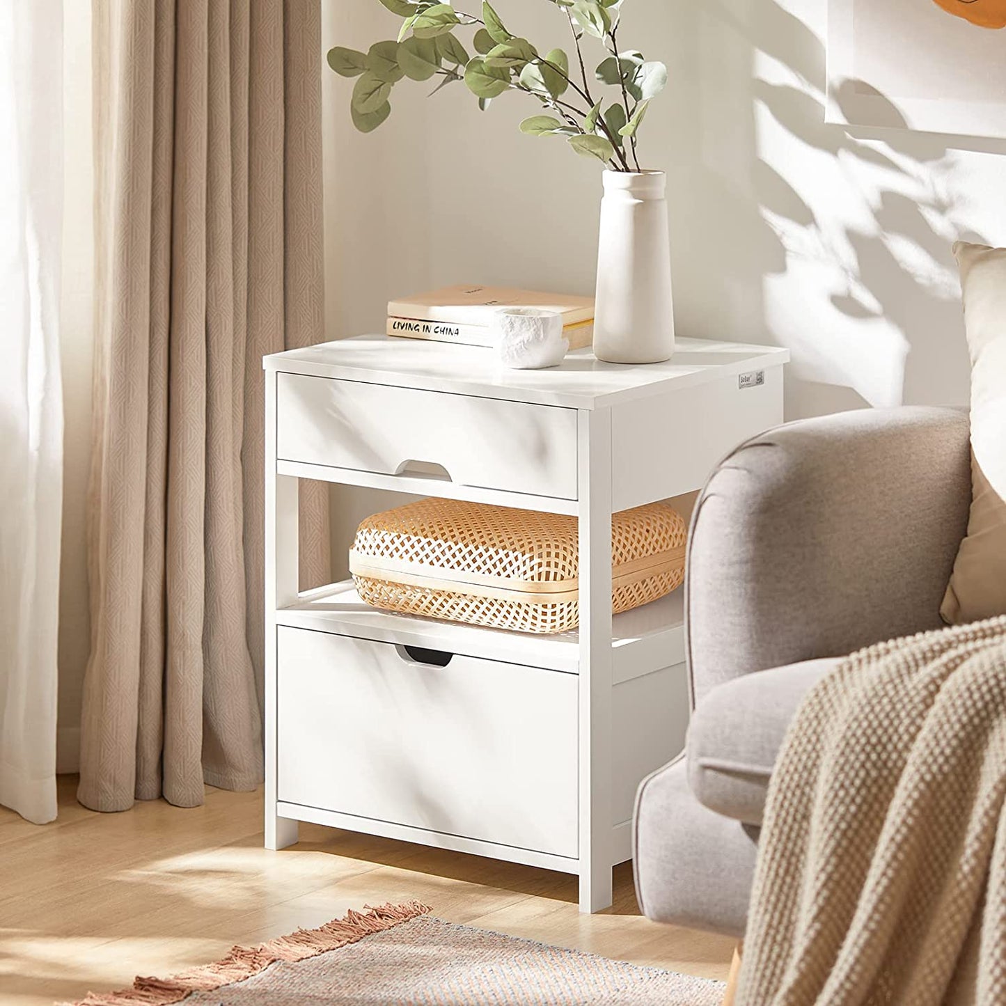 FRG258-W, White Nightstand with 2 Drawers, Bedside Table, End Table, Side Table, Lamp Table