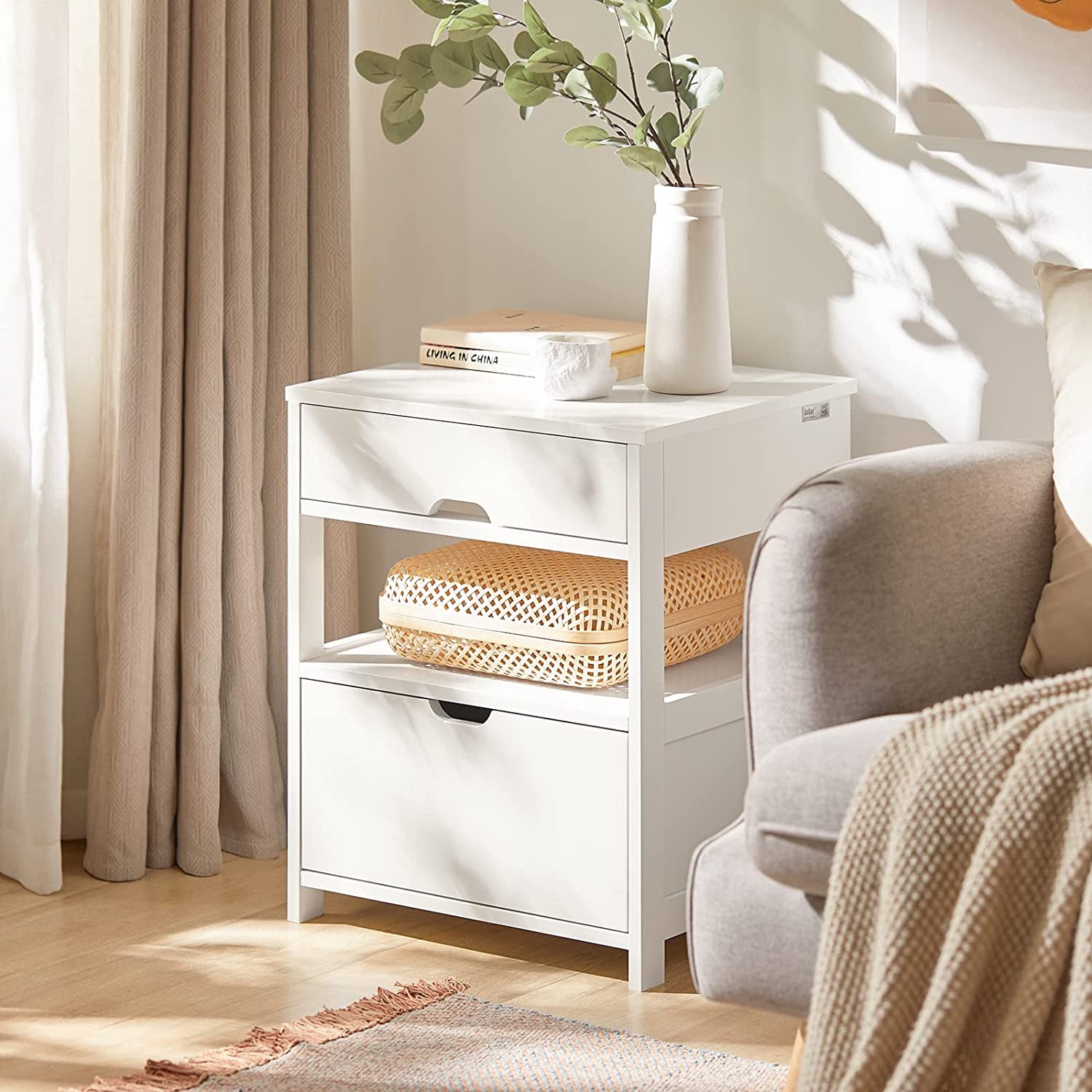 FRG258-W, White Nightstand with 2 Drawers, Bedside Table, End Table, Side Table, Lamp Table