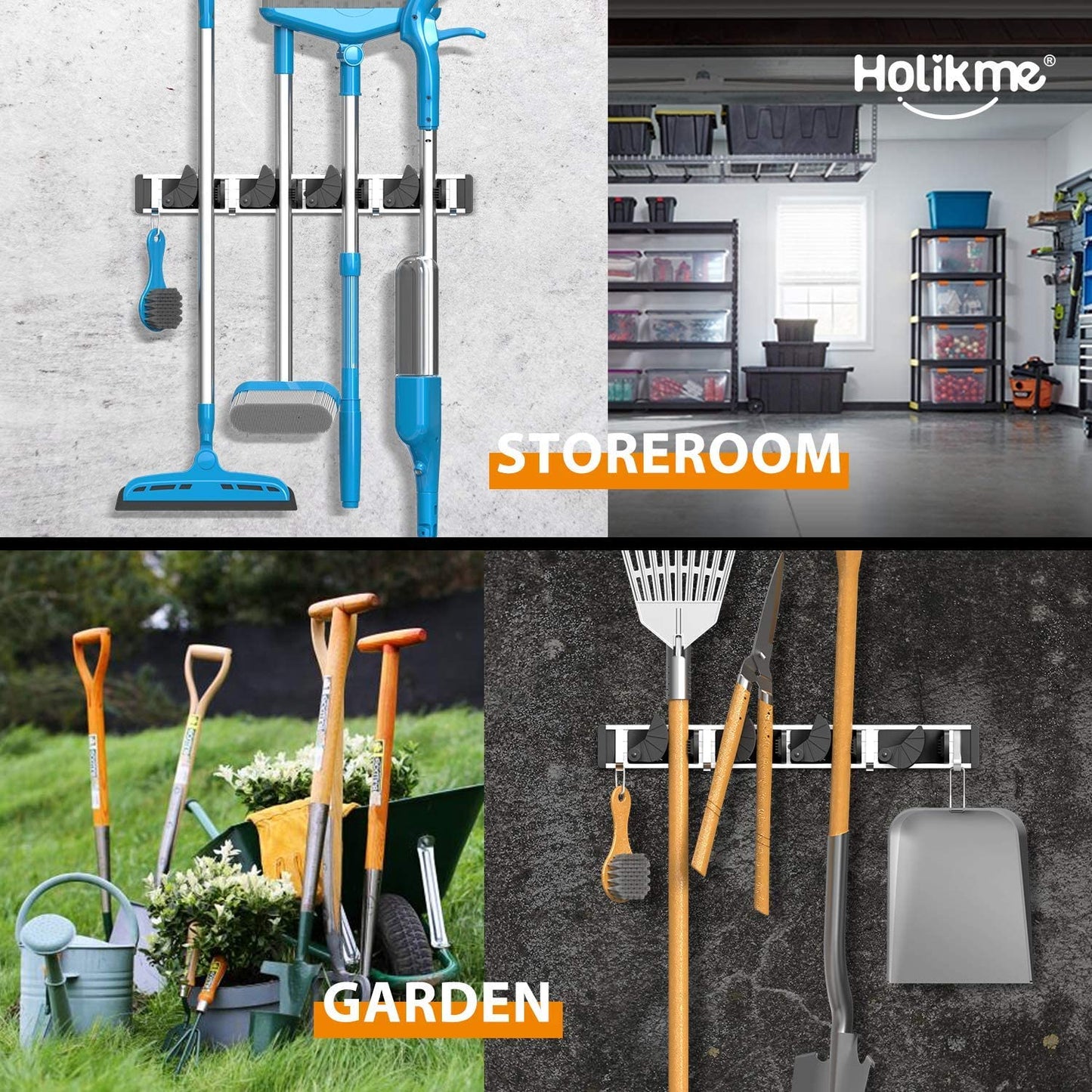 Mop Broom Holder Wall Mount Metal Pantry Organization and Storage Garden Kitchen Tool Organizer Wall Hanger for Home Goods (4 Positions with 4 Hooks, Black)