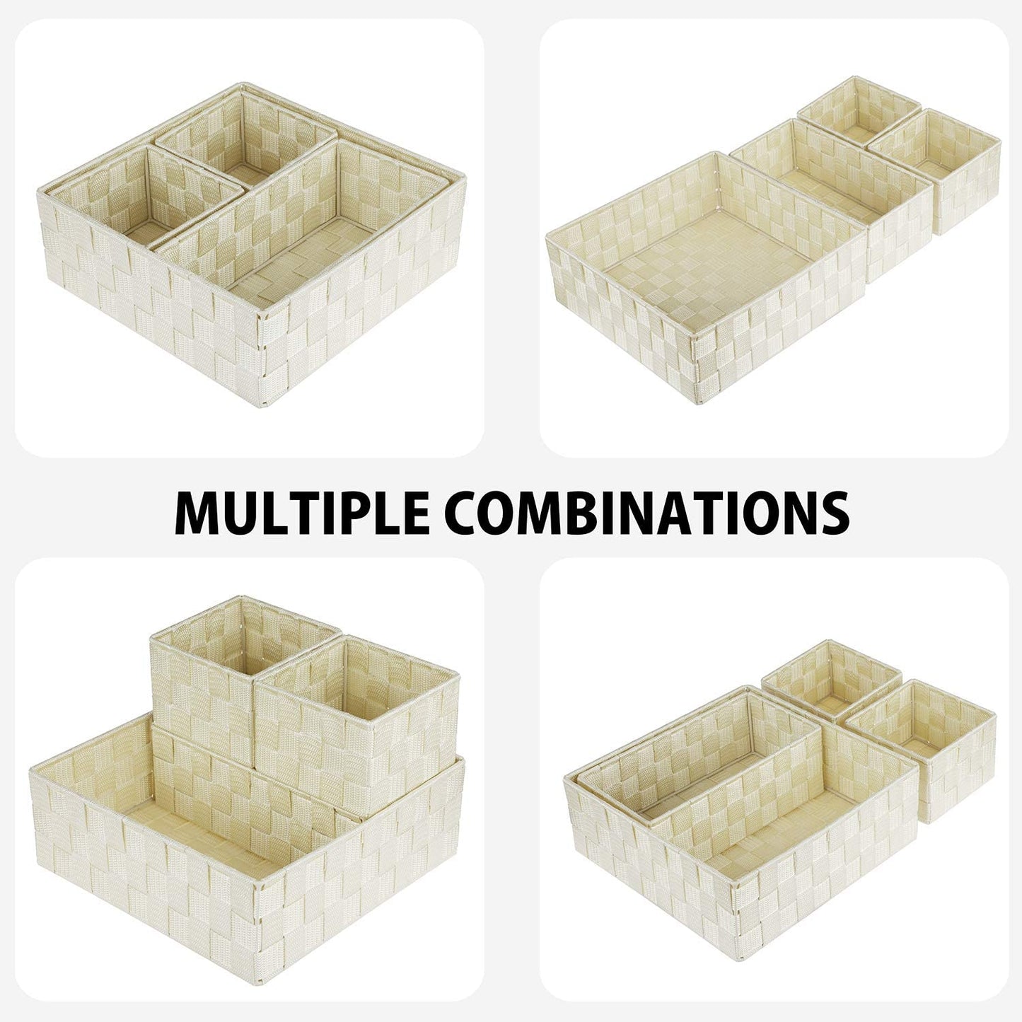 Woven Storage Baskets for Organizing, Posprica Small Black Baskets Cube Bin Container Tote Organizer Divider for Drawer, Closet, Shelf, Dresser, Set of 4(Beige)
