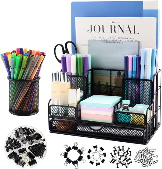 Desk Organizers and Accessories, Office Supplies Desk Organizer Caddy with 7 Compartments + Pen Holder / 72 Clips Set, Mesh Desk Organizer with Drawer, Black Desktop Organizer for Home, Office Ect