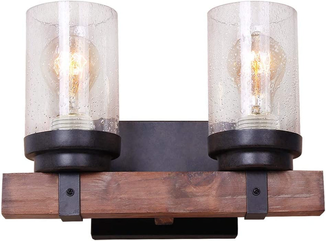 Farmhouse Wall Sconce Light Fixtures Wood Metal 2-Light Bathroom Vanity Lights over Mirror with Bubble Glass Shade for Bedroom,Kitchen,Living Room,Hallway W0019