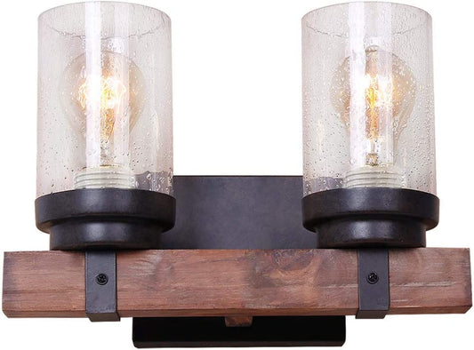 Farmhouse Wall Sconce Light Fixtures Wood Metal 2-Light Bathroom Vanity Lights over Mirror with Bubble Glass Shade for Bedroom,Kitchen,Living Room,Hallway W0019