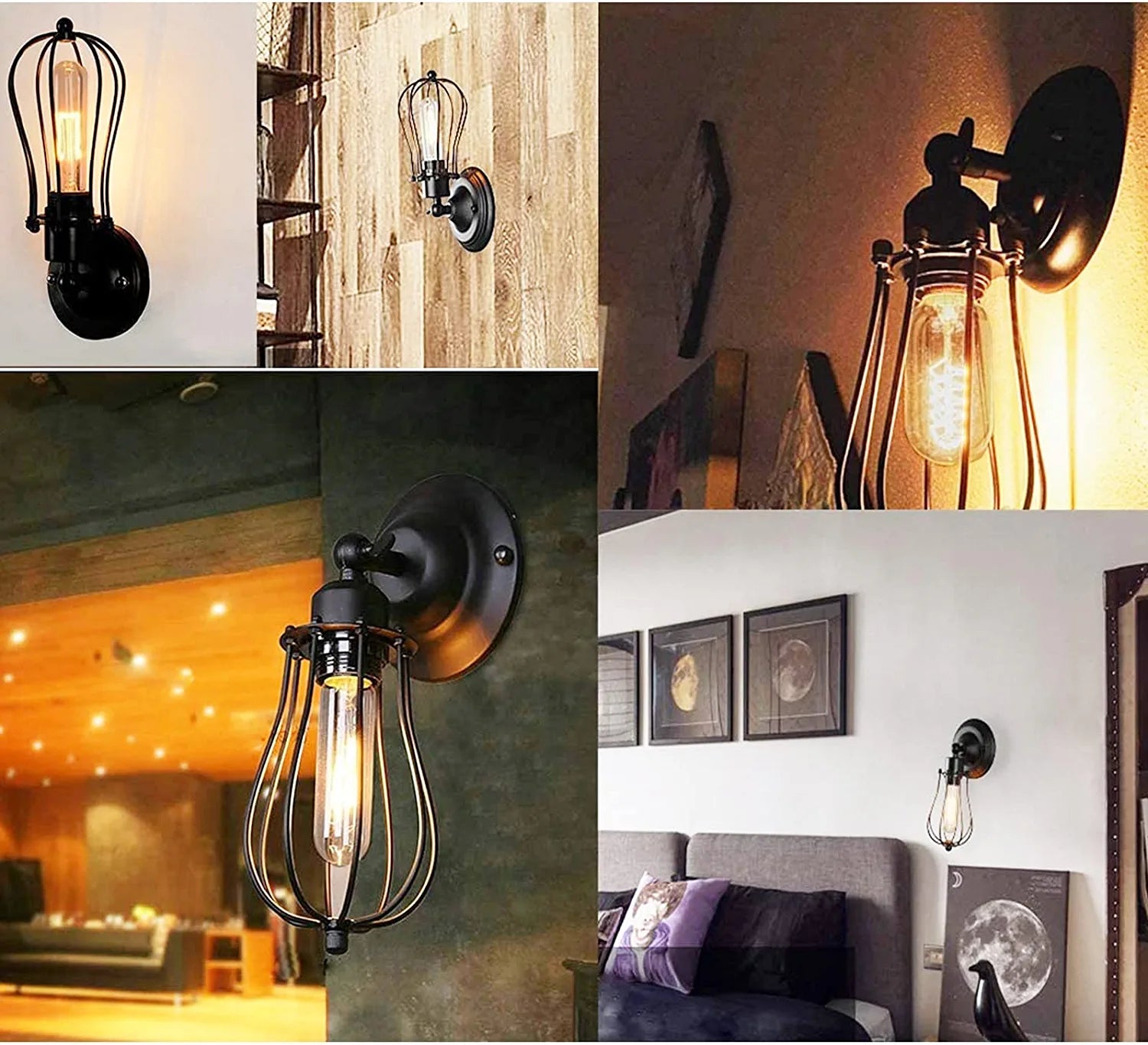 Wall Sconces Set of Two, Adjustable Industrial Balck Wall Sconces Lighting, Vintage Wire Cage Wall Mount Light Fixtures for Bedroom Garage Porch Dresser
