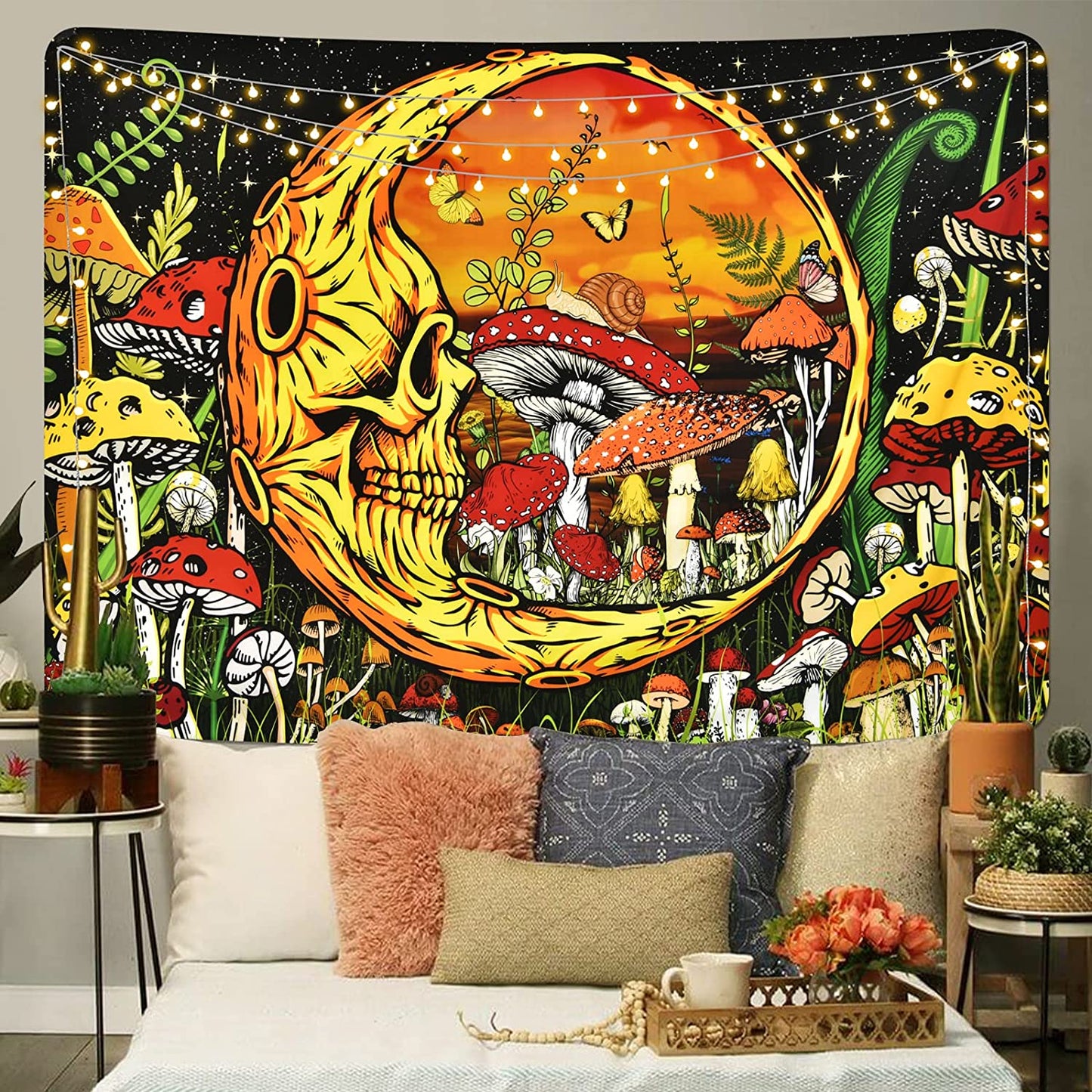 Trippy Mushroom Tapestry Moon Tapestry Skeleton Tapestry Skull Plants Tapestries Snail and Butterfly Tapestry Wall Hanging for Room(51.2 X 59.1 Inches)