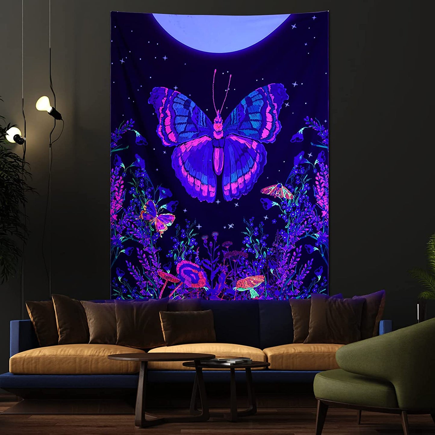 Blacklight Butterfly Tapestry, Moonlit Garden Black Light Wall Tapestry Butterflies Flower Moon Aesthetic Tapestry Wall Hanging for Bedroom (48 X 63 Inches)