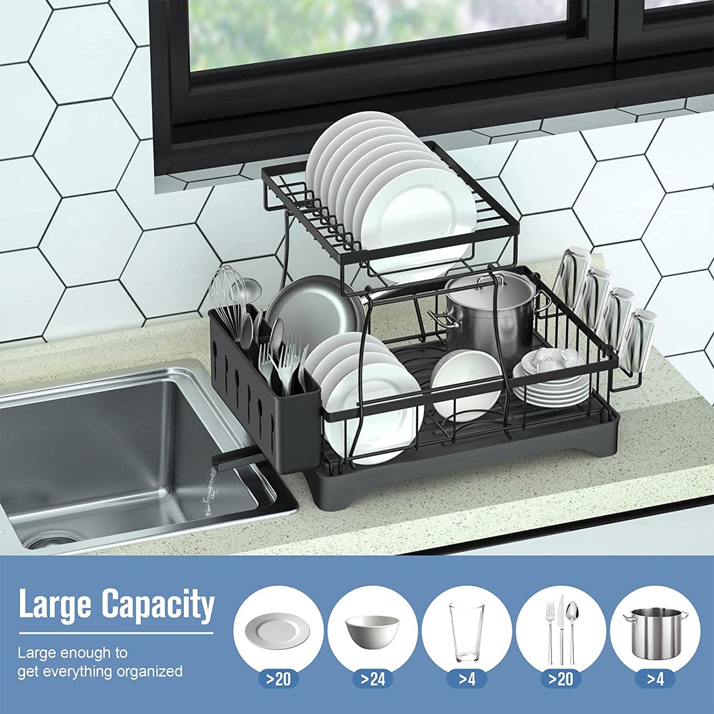 2 Tier Dish Drying Rack for Kitchen Counter, Black Metal Dish Drainers Rack with Drainboard, Large Dish Dryer with Detachable Cup Rack and Utensil Holder