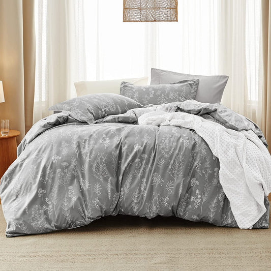 Queen Comforter Set Grey - Cute Floral Bedding Comforter Sets, 3 Pieces Reversible Flowers Botanical Lightweight Soft Bed Set with 2 Pillow Shams