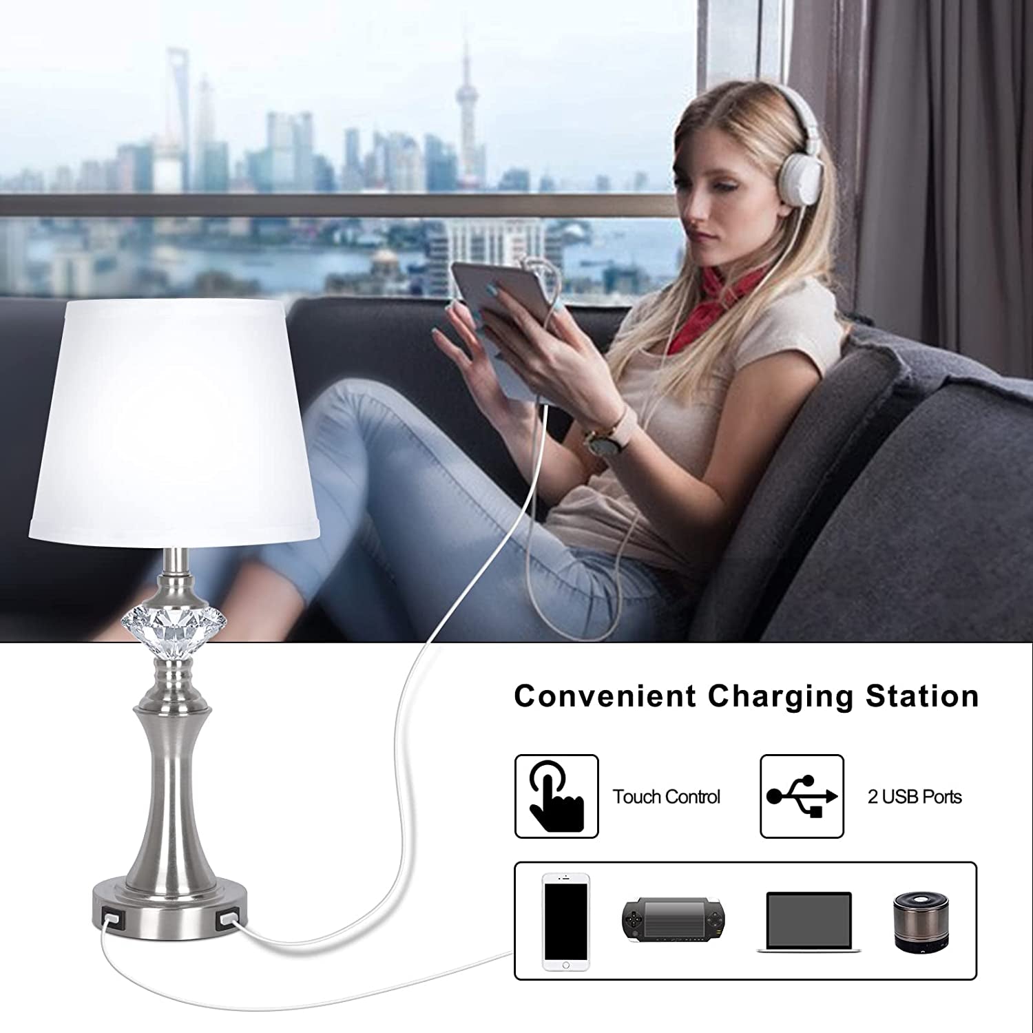 Modern Dimmable Table Lamps for Living Room Set of 2, 20" Touch Control Bedside Lamp with USB Charging Ports, Farmhouse Lamp for Nightstand with Fabric Shade for Bedroom, Bulbs Included(5000K)