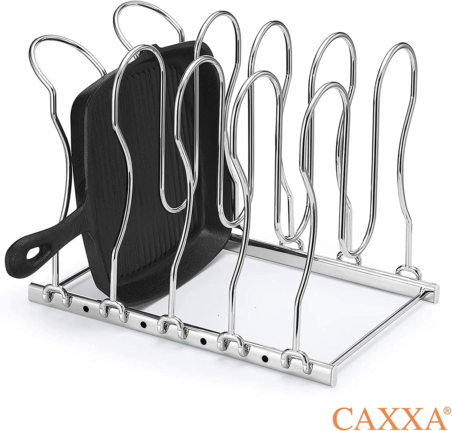 Heavy Duty Pan Rack, Pot Lid Rack, Kitchen Cabinet Pantry Cookware Organizer Rack Holder | 5 Adjustable Dividers, Chrome