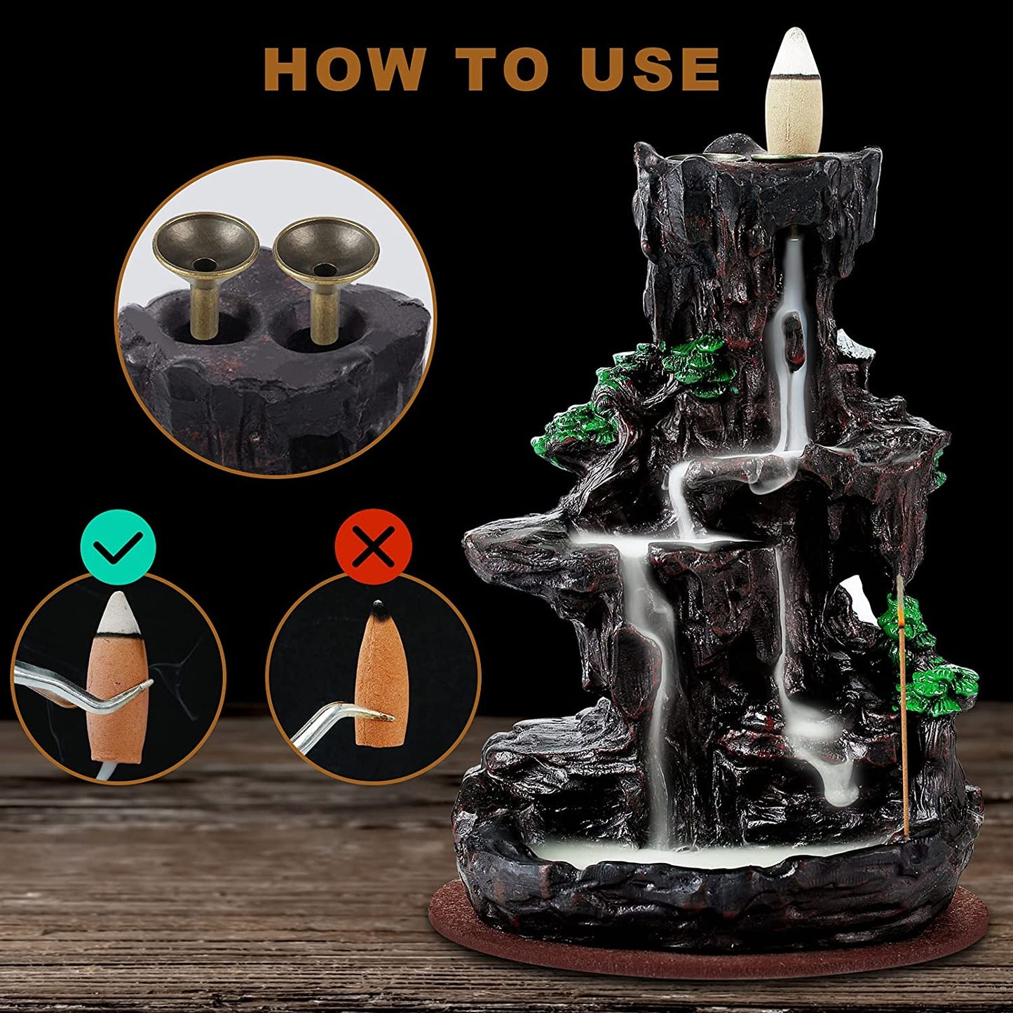 Incense Burner, Backflow Incense Holder Waterfall 2 Sides, with 120 Backflow Incense Cones, 30 Incense Sticks, Aromatcherapy Ornamen