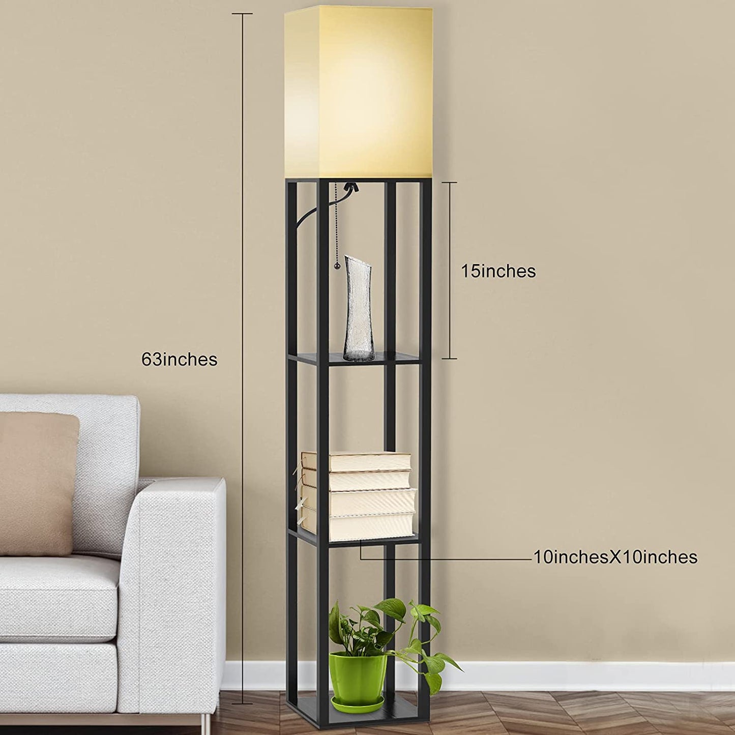 Column Floor Lamp with Shelves, Modern Shelf Floor Lamp with 9W LED Bulb, 3 Tier Storage Display Standing Reading Lamp Narrow Corner Nightstand Light for Bedroom Living Room, Black