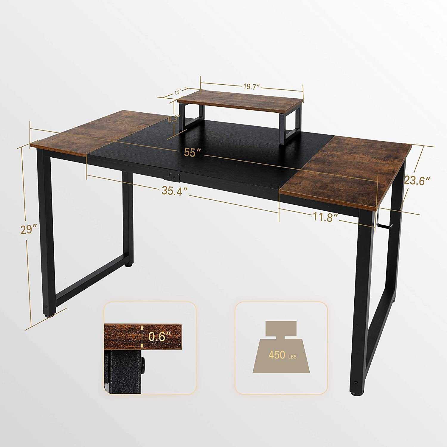 55 Inch Computer Desk, Home Office Desk, Large Writing Study Table with Splice Board, Morden Laptop Table with Monitor Stand, Headphone Hook, Extra Strong Legs (Black + Rustic Brown)