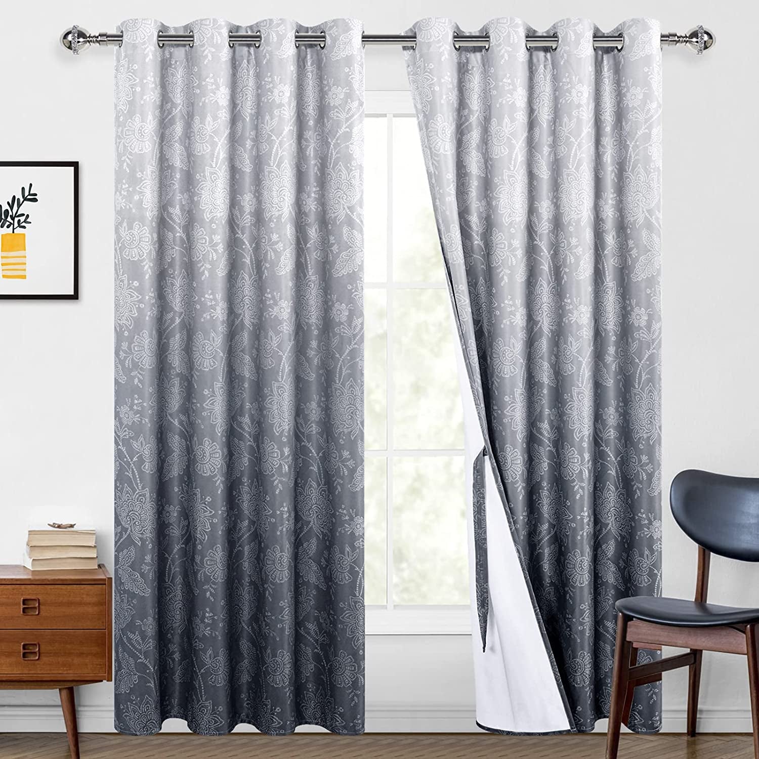 Grey Ombre Blackout Curtains with Tiebacks for Bedroom - Floral Patterned Noise Reducing Thermal Insulated Room Darkening Curtains for Living Room, 52 X 84 Inches, 2 Window Curtain Panels