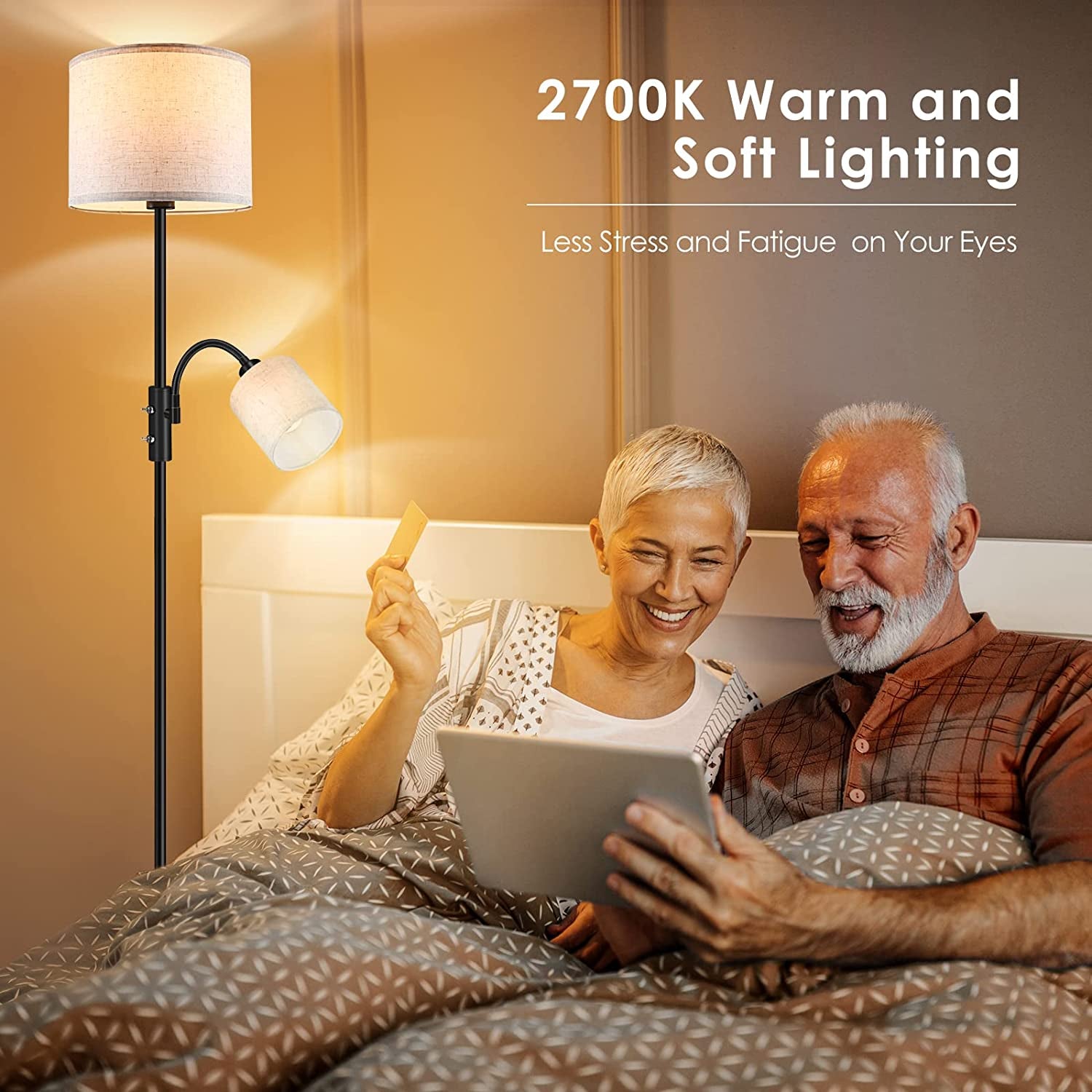LED Floor Lamps for Living Room, 15W Dimmable Floor Lamp with 4W Adjustable Reading Light, 3000K Brightness Light, Modern Floor Lamp with Linen Lampshade,Led Standing Lamp for Bedroom,Office,Farmhouse