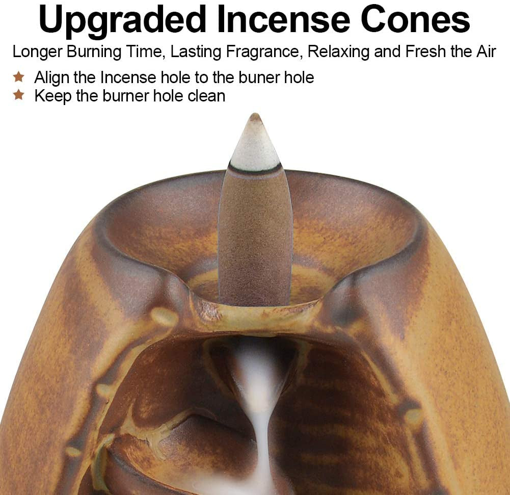 Ceramic Backflow Incense Holder Incense Burner Waterfall, with 120 Backflow Incense Cones & 30 Incense Stick, Aromatherapy Ornament Home Decor, Brown