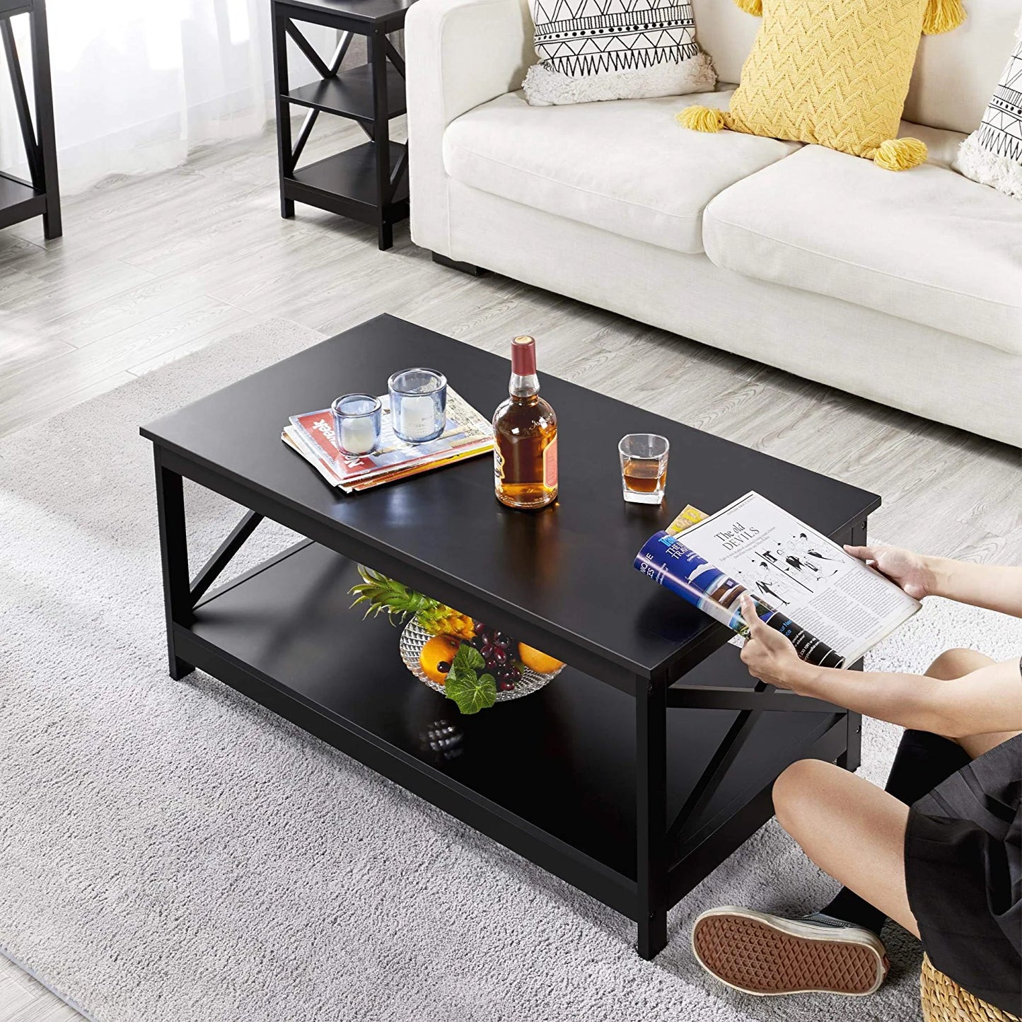 Wood 2-Tier Black Coffee Table with Storage Shelf for Living Room, X Design Accent Cocktail Table, Easy Assembly Home Furniture, 39.5 X 21.5 X 18 Inches