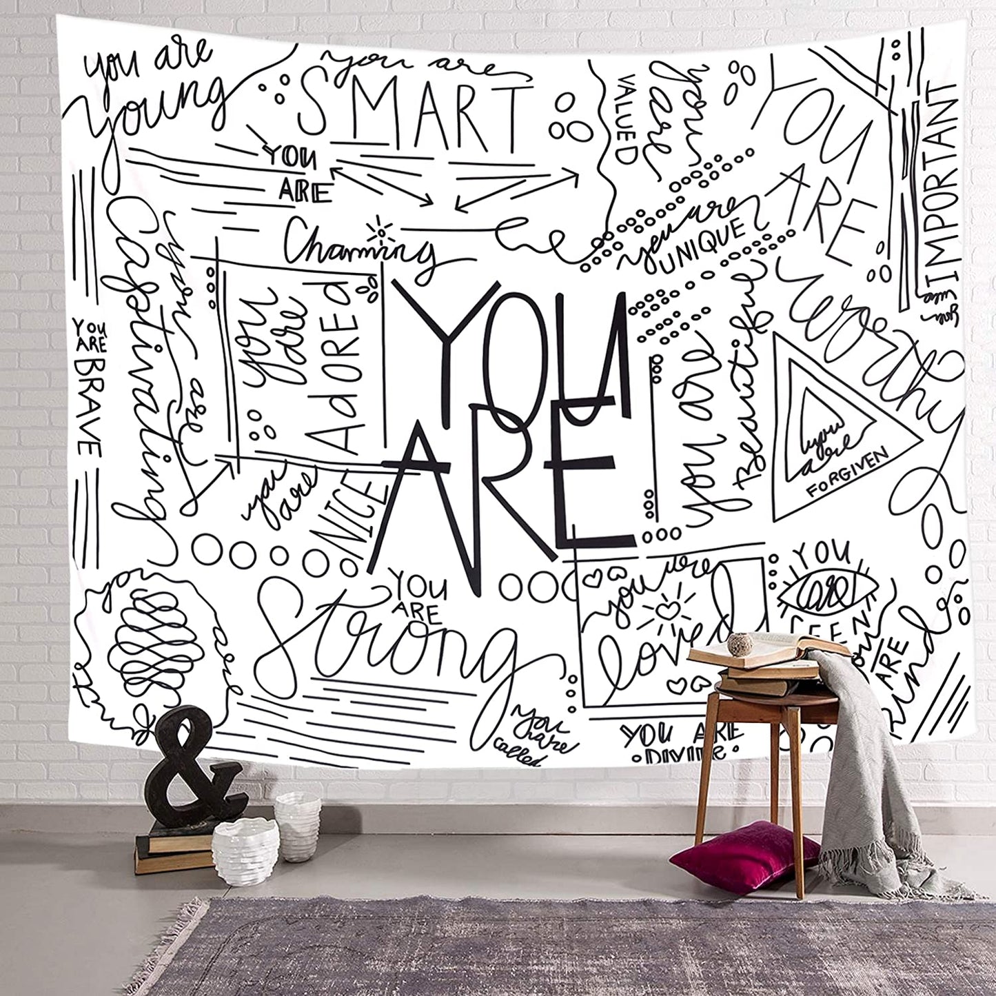 Quote You Are Wall Tapestry, Inspirational Wall Art Positive Saying Wall Hanging White Tapestry for Teen Girl Bedroom Dorm - 51.2X59.1 Inches