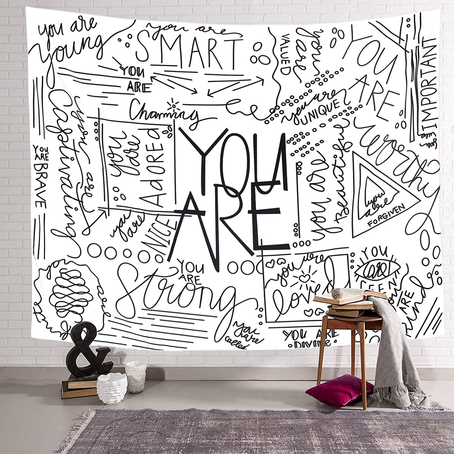 Quote You Are Wall Tapestry, Inspirational Wall Art Positive Saying Wall Hanging White Tapestry for Teen Girl Bedroom Dorm - 51.2X59.1 Inches